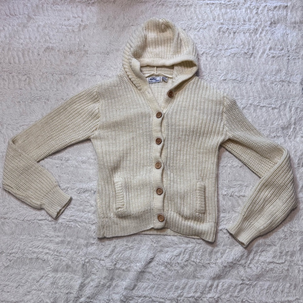 Vintage 80s Midnight Blues Cream Hooded Cardigan Chunky Knit Sweater Medium